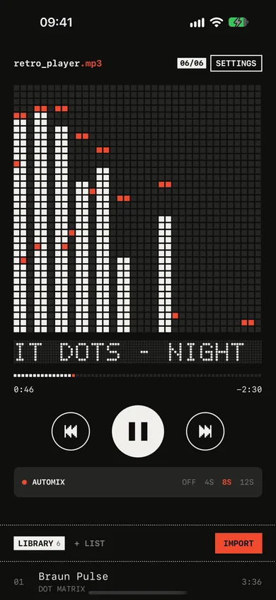 retro_player.mp3 on iPhone in dark mode, playing with the Bars display.